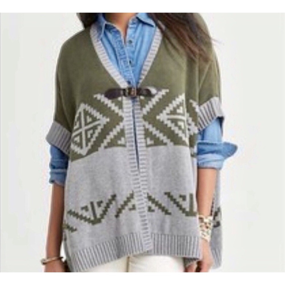 Banana Republic Heritage Intarsia Poncho Sz XS Gray Green Boho Hippie Tribal